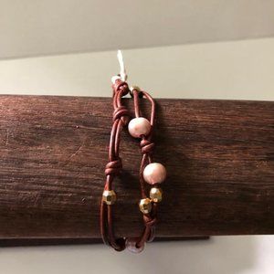 CHAN LUU NAT PINK PEARL DOUBLE BRACELET, GOLD BEADS, BS-5177, BROWN LEATHER, NEW